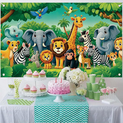 Jungle Animal Birthday Backdrop 71 X 43 Inch Safari Zoo Cartoon Banner with Lion