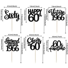 24PCS Black Happy 60th Birthday Cupcake Toppers Sixty Vintage 1966 Cupcake Pi…