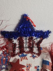 Patriotic Decorations Patriotic Bow, Tinsel Star, Tablecloth, Window Clings…..