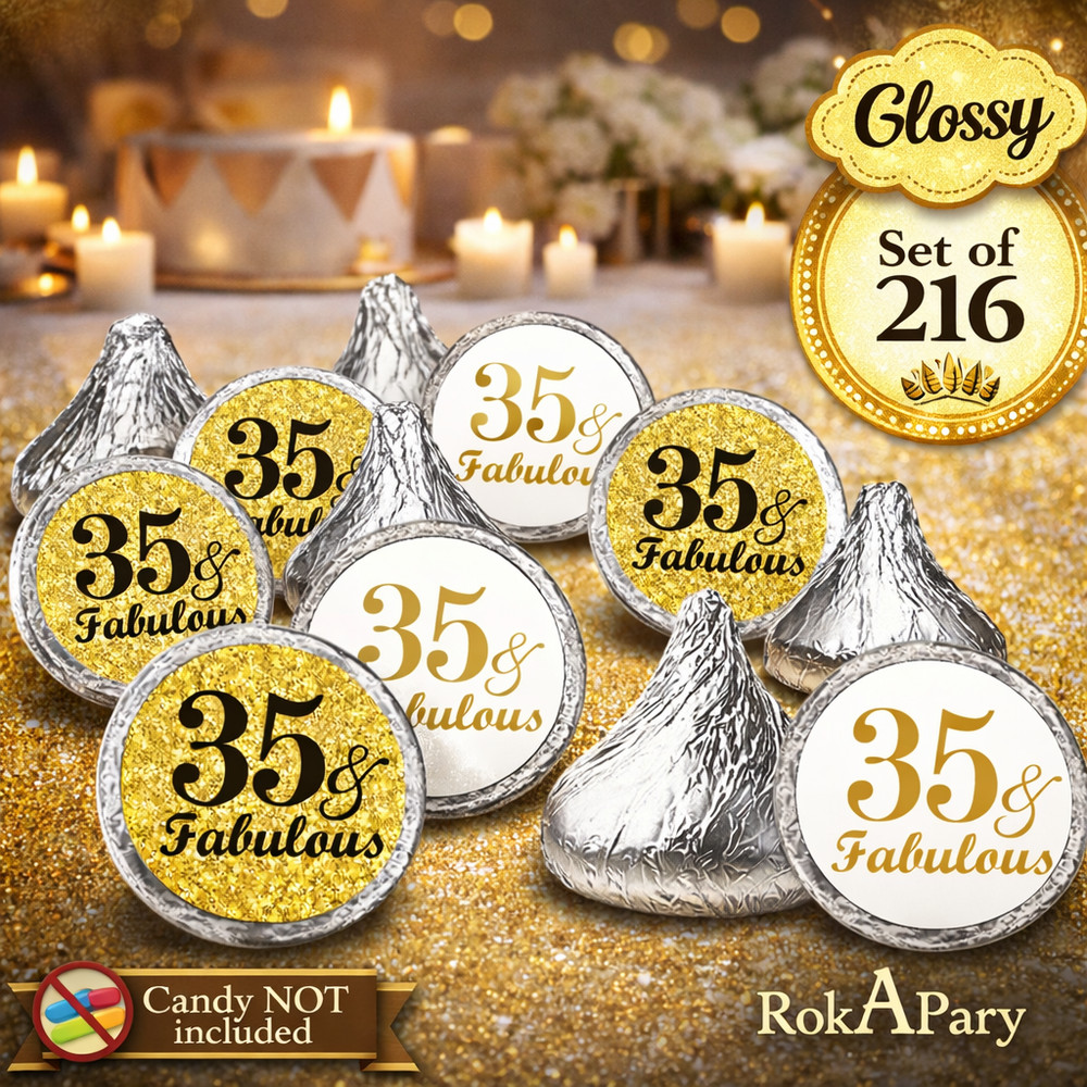35 & Fabulous Birthday Gold Kisses Stickers, (Set of 216) Chocolate Drops Labels