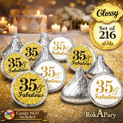 35 & Fabulous Birthday Gold Kisses Stickers, (Set of 216) Chocolate Drops Labels