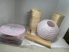 Pink Beige Paper Party Lanterns with Wooden Baskets Set, Solid Plain Decoration