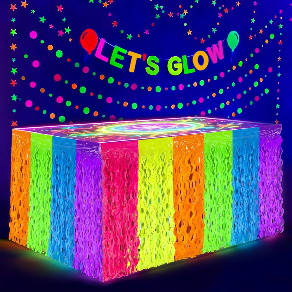 4 Pack Neon Tinsel Foil Fringe Table Skirts 108 X 29.5 Inch Glow in the Dark Par