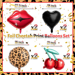 8 Pcs Black and Red Foil Balloons Kit, Cherry Print, Red Lips, Cheetah Pattern a