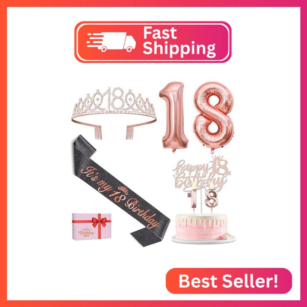 18th Birthday Decorations for Girls with Black 18th Birthday Sash and Tiara, Cak