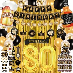 80th Birthday Decorations for men women, (Total 70pcs) black and gold