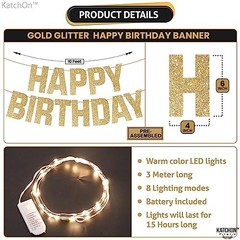 , Light Up Happy Birthday Banner – 10 Feet, 8 Modes Pre-Strung |en Glitter Gold