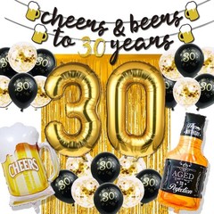 Memorable 30th Birthday Party Pack: Gold Balloons, Banner & Fringe Curtain