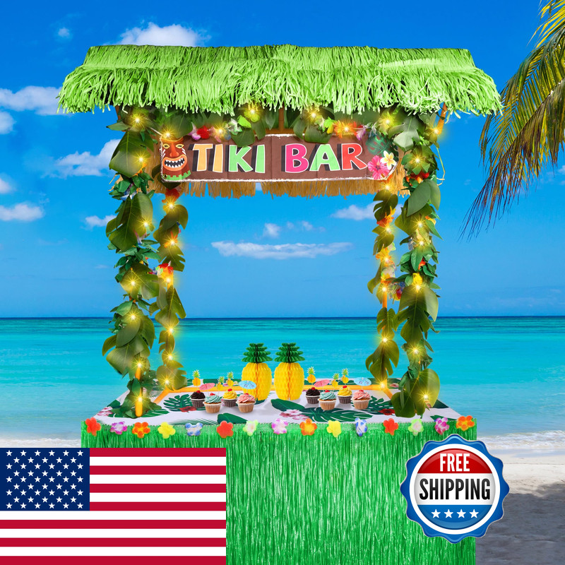 Auihiay 124Pcs Tiki Bar Hut Kit Portable Outdoor Tiki Bar Decor Grass Table