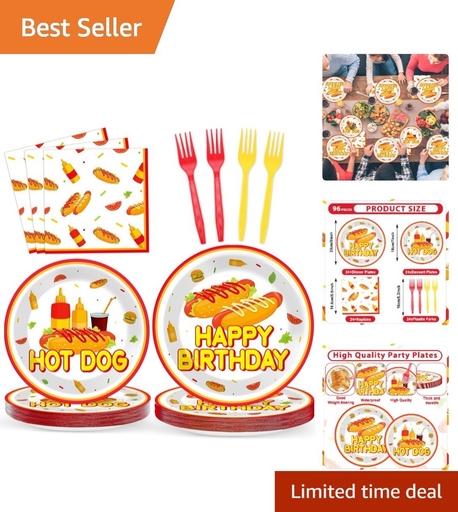 Vibrant 96Pcs Hot Dog Party Supplies – Plates, Napkins & Forks for 24 Guests