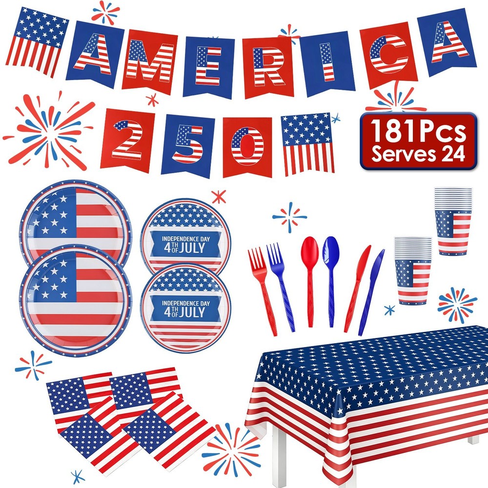 181Pcs 4th of July 250th Independence Day Disposable Tableware Party Supplies
