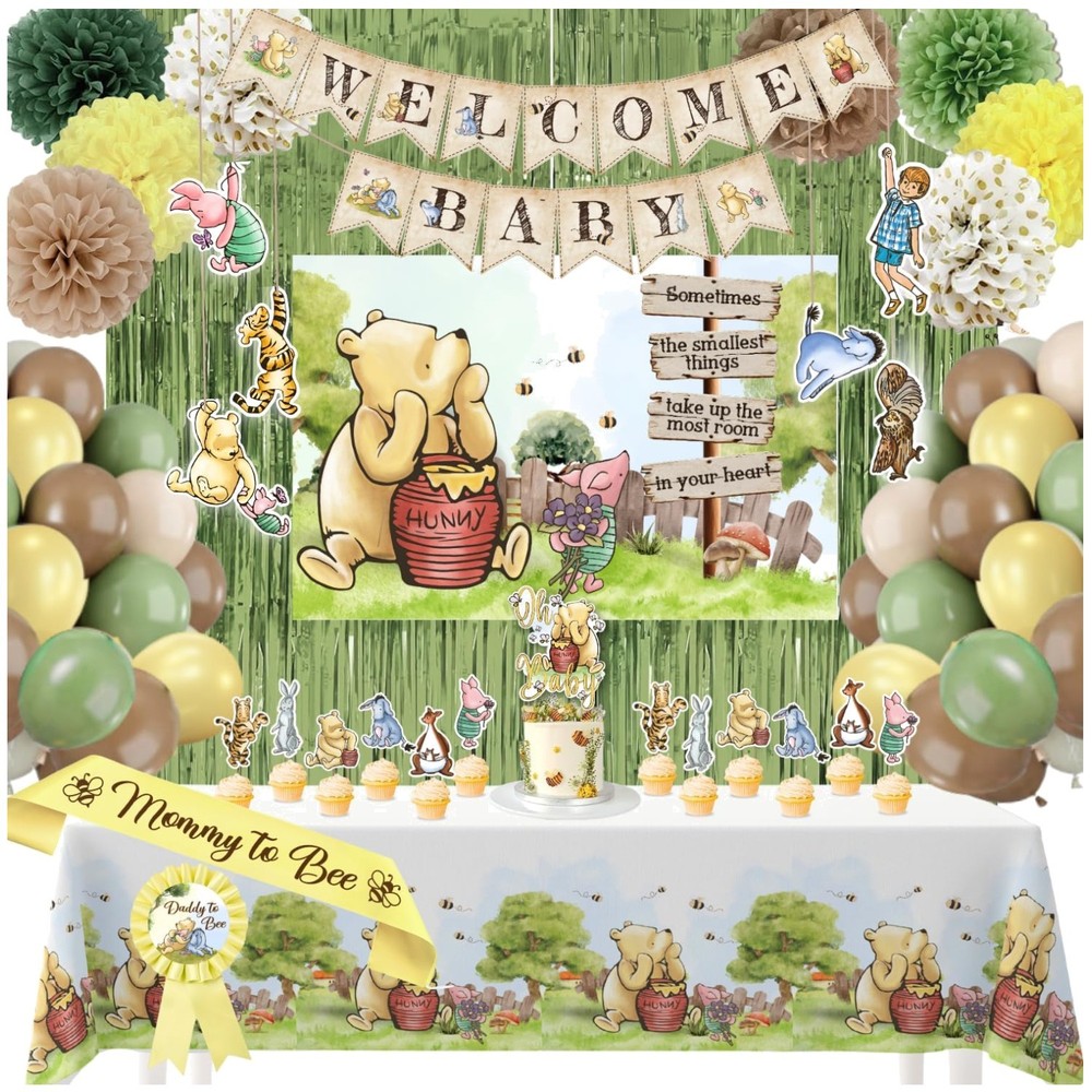 Classic Pooh Theme Party Decorations – Tablecloth, Toppers