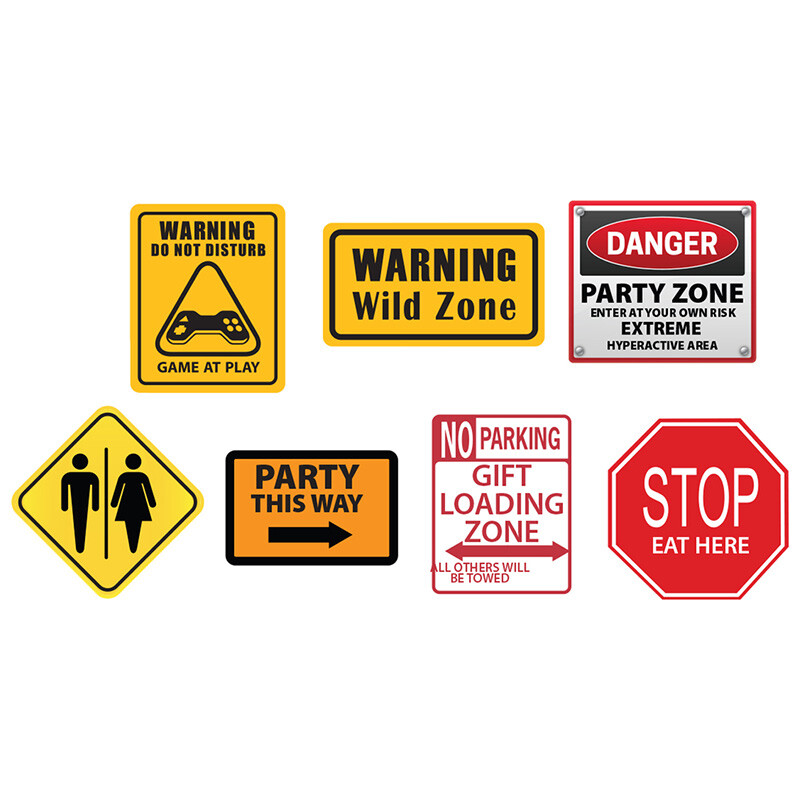 PARTY CONSTRUCTION SIGNS Set of 7 Different CARDBOARD SIGNS Wall Decor Free Ship