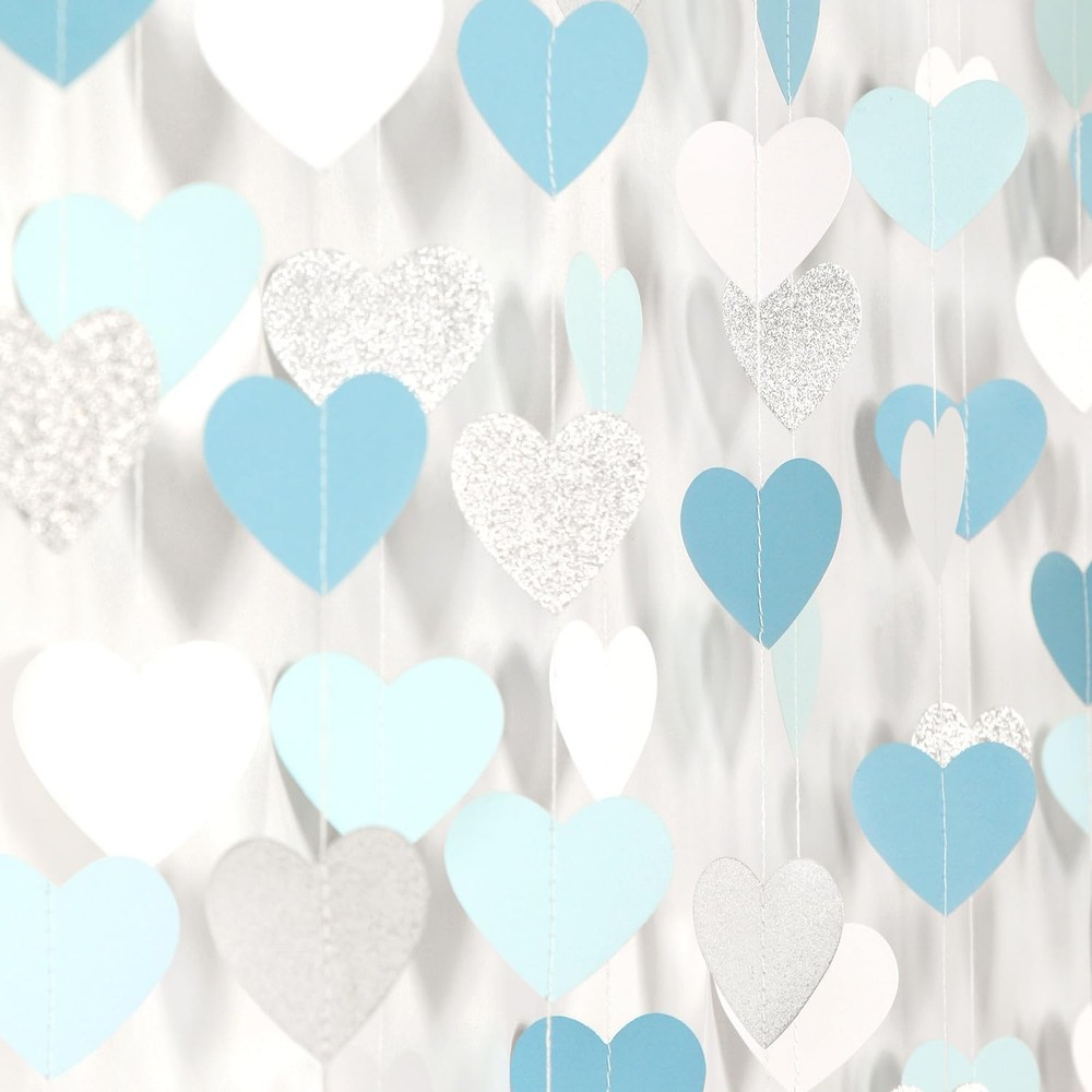 Light-Blue White-Silver Party-Decoration Heart Garland – 52ft Baby Boy Shower…