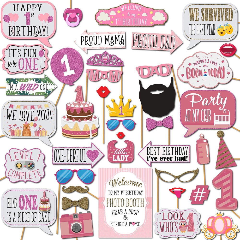 1st Birthday Girl Photo Booth Props – 41-pc Photobooth Kit with 8 x 10-Inch S…