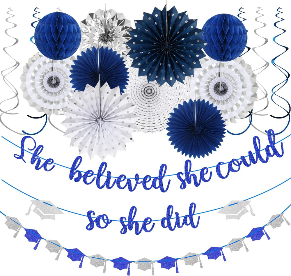 Navy-Blue Silver Party-Decorations Graduation Banner-Streamers – 18Pcs Kits 2026