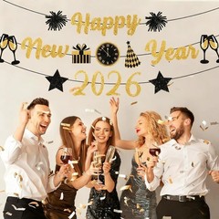 Gold Black New Years Decorations 2026 Glitter Banner New Years Eve Party