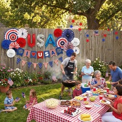 Patriotic Decorations Set, Red White Blue Paper Fans for Memorial Day Party