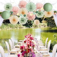 Sage Green and Blush Pink Party Decorations Lanterns Sage Green Cream Fans Li…