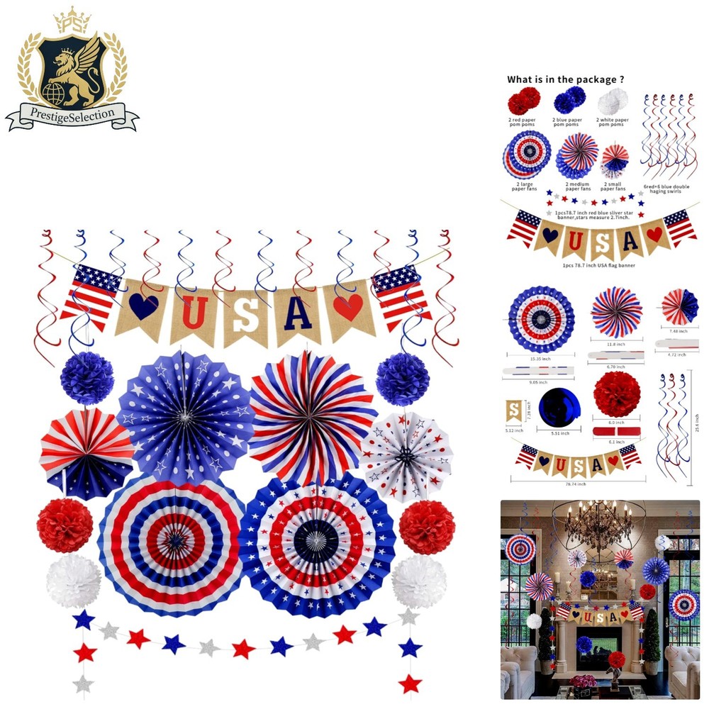 26Pcs Patriotic Party Decorations – LOVE USA Banner & Colorful Fans & Pom Poms