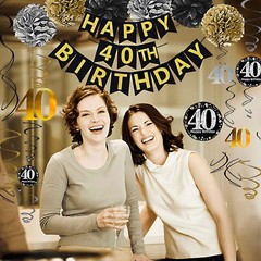 Black & Gold Glittery Happy 40th Birthday Banner,Poms,Sparkling 40 Hanging Sw…