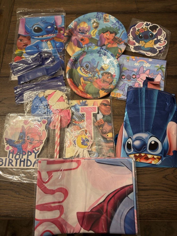 New Lilo & Stitch Birthday Part Lot Decorations Backdrop Plates Banner Toppers