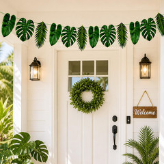 Tropical Leaf Garland Banner Decorations, Pre-Strung Cardboard Monstera Palm Lea