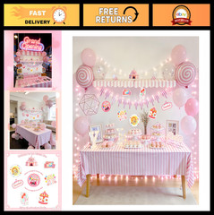 Carnival Circus Party Decor Kit – 2 Striped Awnings, Tablecloth, Banner & Balloo