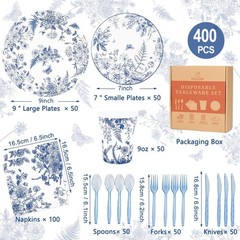 Blue and White Floral Tea Party Tableware Set (Plates, Cups, Napkins, Utensils)