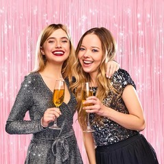 2 Pack Pastel Pink Metallic Tinsel Foil Fringe Curtains, Door Streamers Photo…
