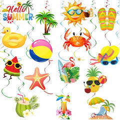 35Pcs Summer Pool Beach Hanging Swirl Decor, Hello Summer Beach Party Decoration