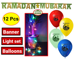 Ramadan Light + Banner+ Ramadan balloons [12 Pcs] Islamic Gifts Eid Decor Quran