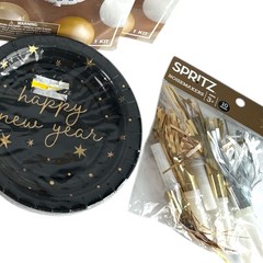 New Year’s Eve Party Supplies Bundle Spritz Black Gold Balloons Plates Hats