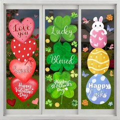 3 Sheets Extra Large Holiday Window Clings Decorations, Large Red Heart Shamrock