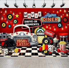 50s Retro Rock Roll Diner Backdrop Banner 1950s Sock Hop Background Party Decor