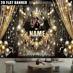 1pc 2D Golden Crown Theme Personalized Custom Birthday Banner Backdrop Decor♪