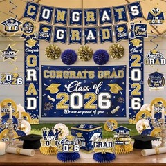 Navy Blue & Gold Graduation Decorations 2026 Set – Congrats Grad Banner, Balloon