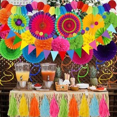 Party Decorations, 41 Pcs Multicoloured Papar Fans Pompoms Garlands String Ti…