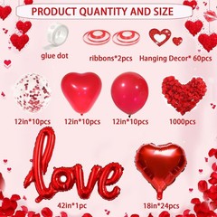 Red Valentines Day Decorations W/ Red Heart Balloons & Love Balloon Fake Rose