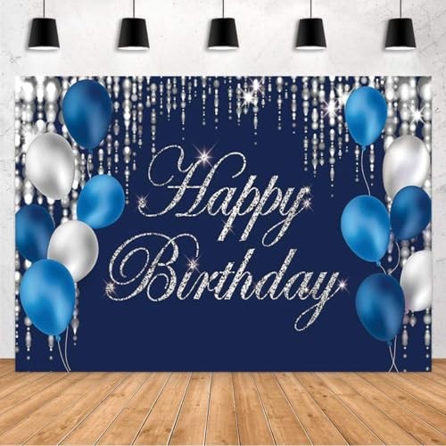 Navy Bluey and Silver Happy Birthday Backdrop 6×3.6ft Navy Blue and Silver