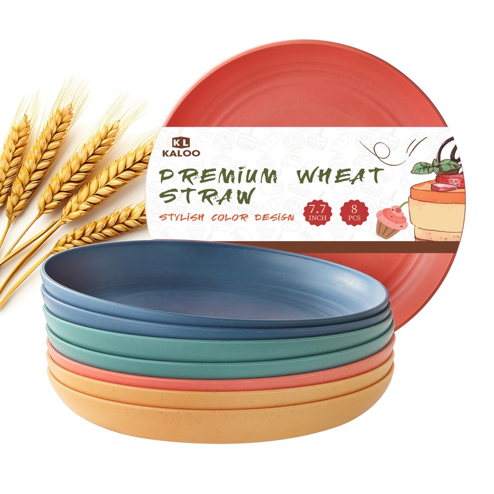 8 PCS Wheat Straw Plates, Kaloo 7.7 Inch 7.7*7.7, Orange+Blue+Green+Yellow