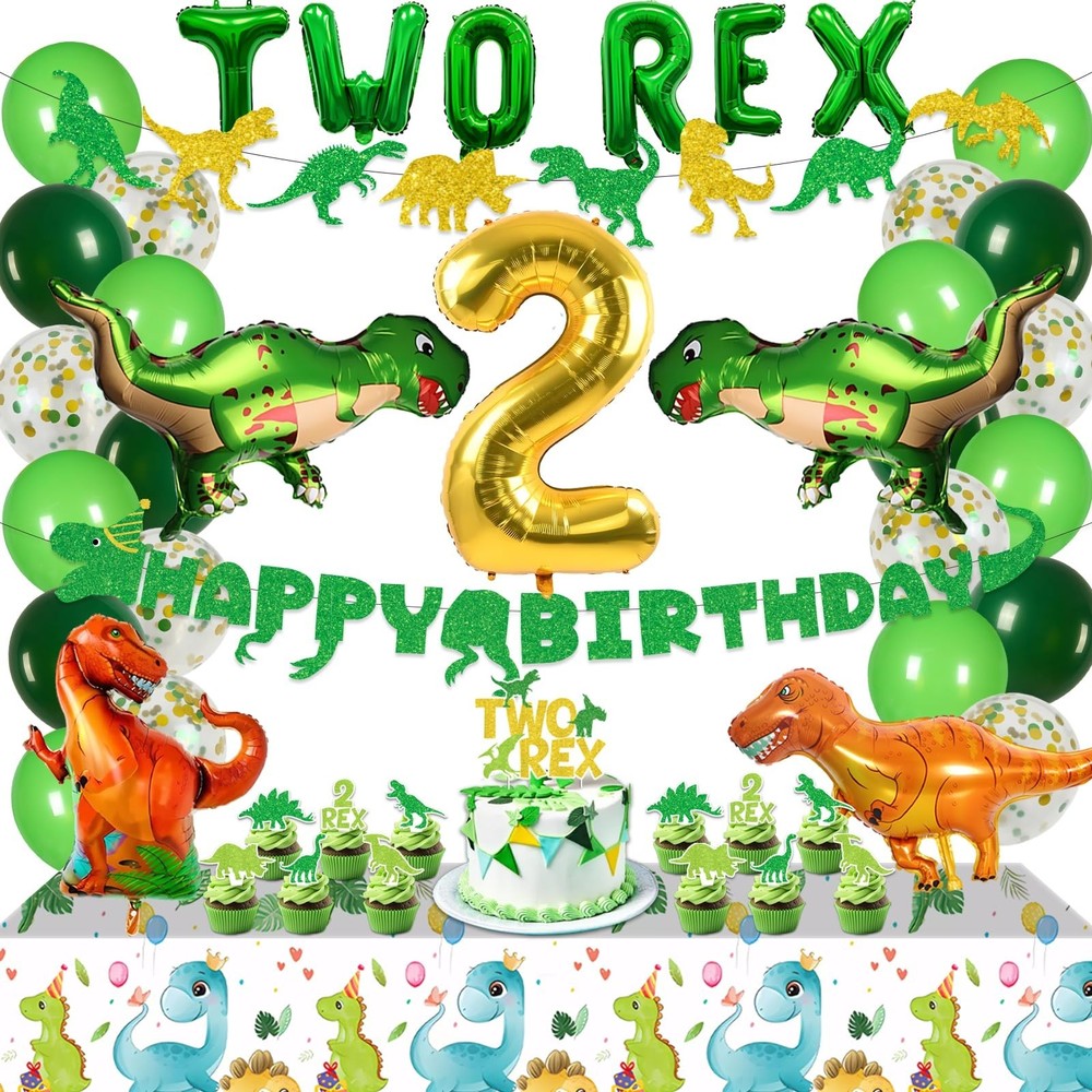 Two Rex Dinosaur 2nd Birthday Party Decorations Pack – Green Dinosaur Theme -…