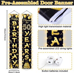 Black Gold Happy Birthday Banner with LED Lights Party Porch Door Decorations