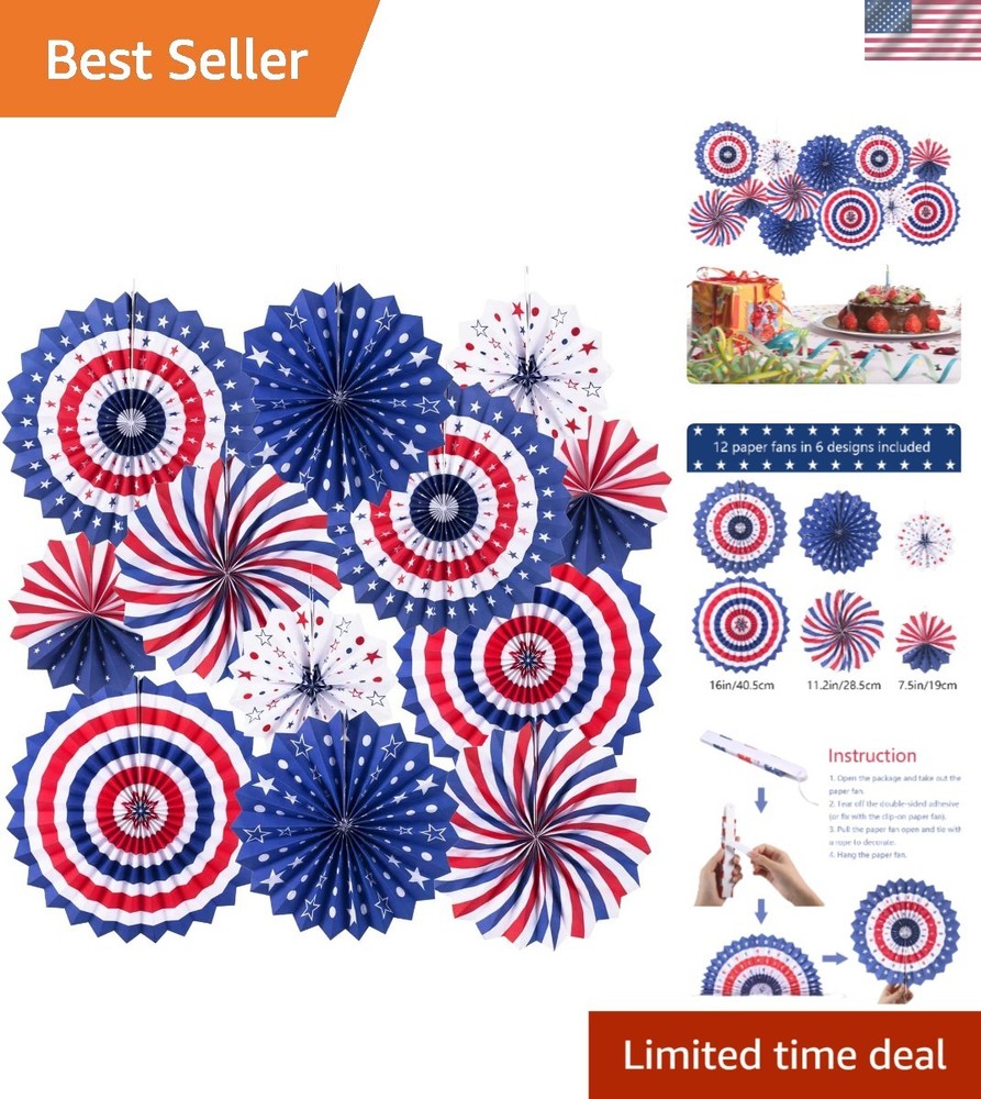 Vibrant 12-Piece Red White Blue Paper Fans for Independence Day Celebrations