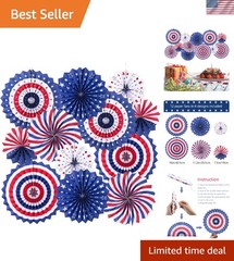 Vibrant 12-Piece Red White Blue Paper Fans for Independence Day Celebrations