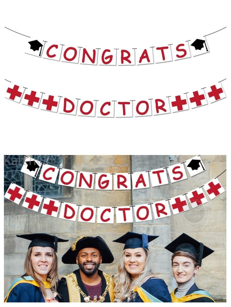 «CONGRATS DOCTOR» Banner Grad Graduation Decorations 10ft White & Red Felt