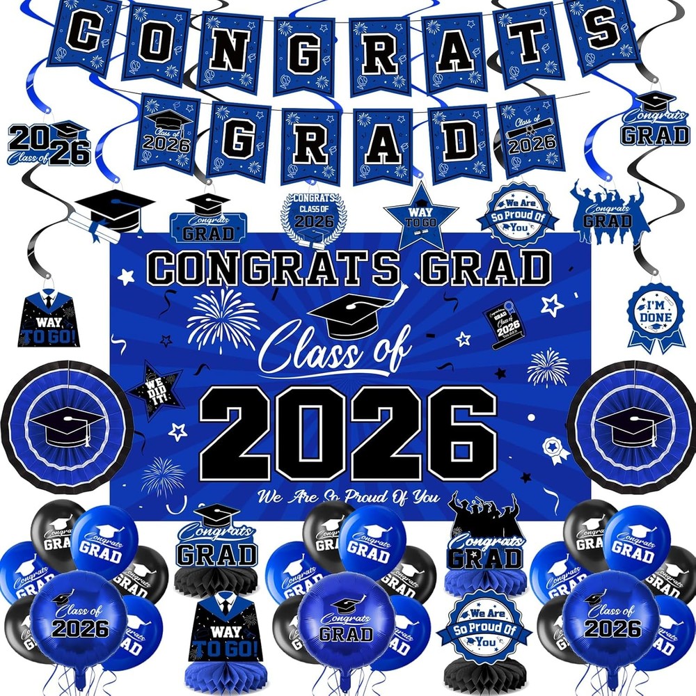 Class of 2026 Graduation Party Decorations – Blue and Black Theme Set