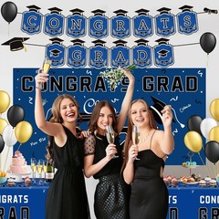 Graduation Decorations 2026 – Blue Congrats Grad Banner Backdrop Tablecloth Set