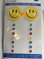 2X-2Smiley Face Balloons With Garland Tails, & 1 Candle Party Set NEW