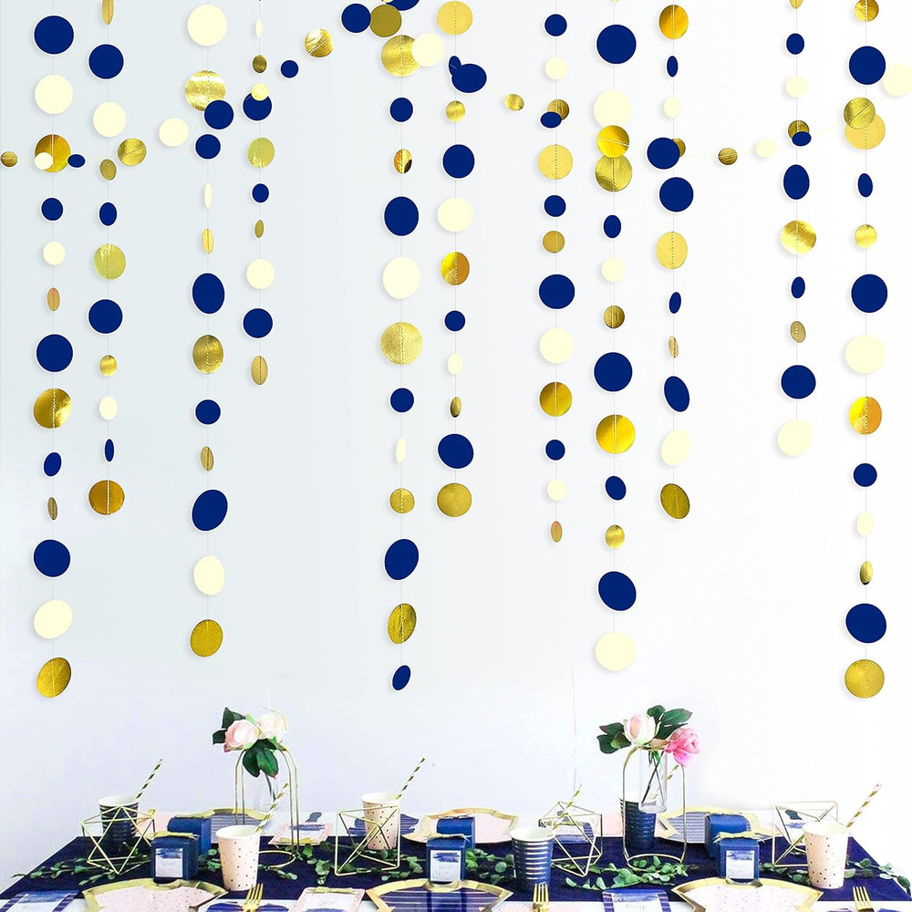 46 Ft Navy Blue and Gold Circle Dots Garland Royal Blue Hanging Paper Polka Dot